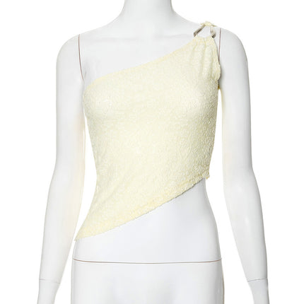 M23Tp740 European and American Clothing 2024 Amazon New Pure Color Exposed Waist Asymmetric Slope Collar Top Cross-Border Wholesale