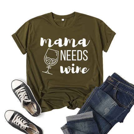 Wholesale Cross Border Mama Needs Wine Printed Short Sleeve T-Shirt Top Women Summer Loose