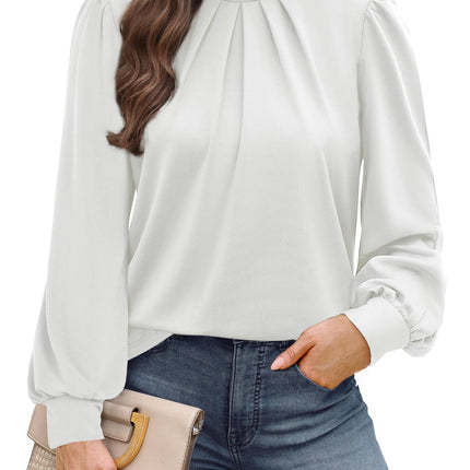 European and American Amazon Cross-Border Autumn and Winter New Long-Sleeved Shirt Small Stand-Up Collar Pleated Front Shirt Casual T-Shirt Top for Women