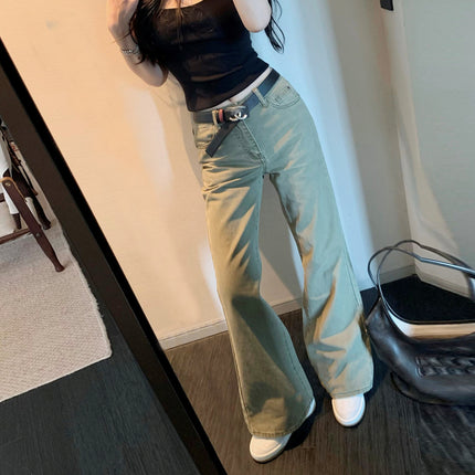 OREETA, Niche Washed Green All-match Crowd Pants 2024 Trendy Brand Pure Cotton American Slim Micro-fit Crowd Pants