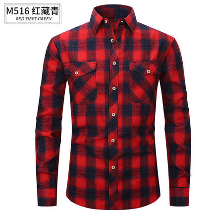 Spring and Summer Slim Amazon Fashion Brushed Plaid High-End Long-Sleeved Double Pocket Flannel Men's Shirt
