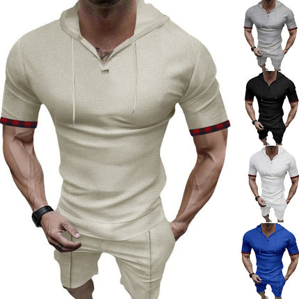 Europe and the United States cross-border summer fast selling Amazon hooded waffle T-shirt men's sports casual short sleeve shorts suit