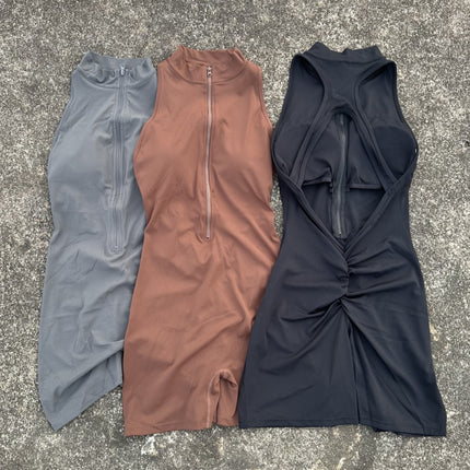 Solid Color Women's Fitness Jumpsuit Shorts with Pleated Back Waist, Hollow-Out, Beautiful Back, Naked Feeling, Soft, Tight-Fitting Zipper Jumpsuit