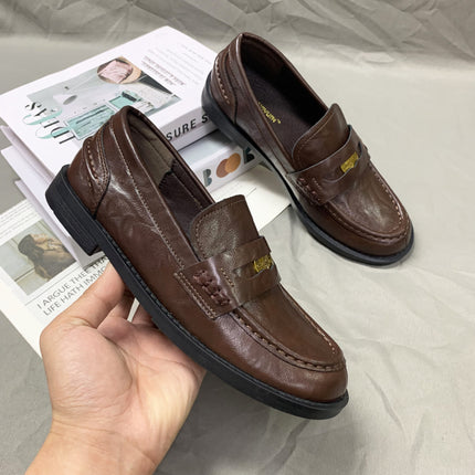 Natural Curly Genuine Leather Gold Coin Lazy Loafers for Women, Retro Elegant, Commuter Autumn and Winter New British Square Heel Small Leather Shoes