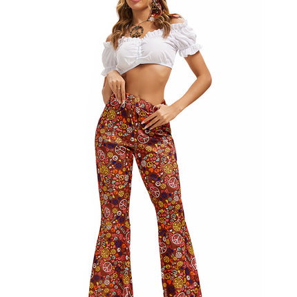 2025 Amazon Hot Selling Women's Hippie Clothing Fashionable Wide Leg Flare Pants Contrast Printed Trousers + Headscarf