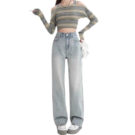 High Waist Retro Wide Leg Jeans Women's Trendy All-match New Printed Loose Slim-fit Straight Pants