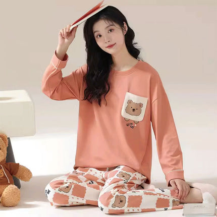 Cute Style Pajamas Women's Spring and Autumn New Cotton Round Neck Long Sleeve Trousers Korean Style Girl's Student Home Clothes suit