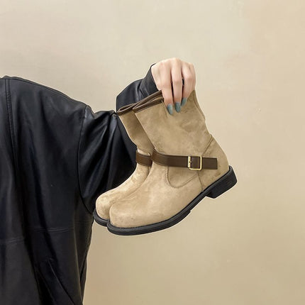 Retro Niche Design Belt Buckle Thick Heel Short Boots for Women 2025 Autumn and Winter New Thick-Soled Elegant Boots