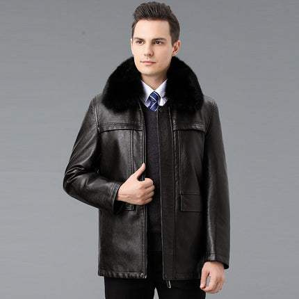 Winter New Warm Thickeneded Goatskin Jacket Men's Real Fur Collar Removable down Jacket Liner Middle-Aged and Elderly Lapel Jacket