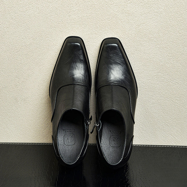 One-piece delivery original 5cm high heel square toe leather shoes men's first layer cowhide hand grip pattern formal wear height increasing Derby shoes
