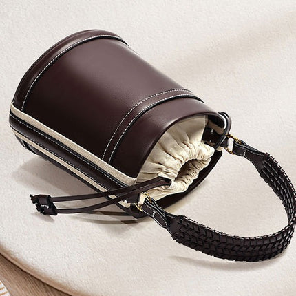 Za Cross-Border Women's Bag, Brown Double-Handle Cylindrical Handbag, Crossbody Bucket Bag, Cylindrical Shoulder Bag with Contrasting Color Design