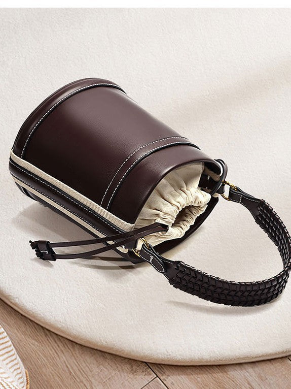 Za Cross-Border Women's Bag, Brown Double-Handle Cylindrical Handbag, Crossbody Bucket Bag, Cylindrical Shoulder Bag with Contrasting Color Design