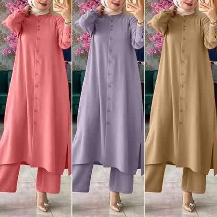 In Stock 2024 Southeast Asia Two-Piece Set for Women, Solid Color Spring and Autumn Long-Sleeve Cardigan Shirt and Long Pants Set