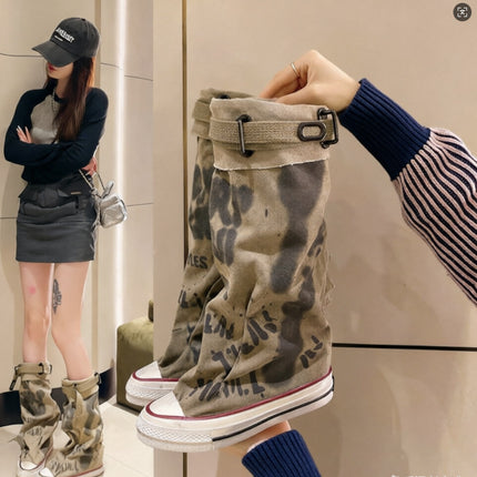 Boots Women's New Retro Flat Graffiti Middle Boots Sexy Trend plus size Foreign Trade Fashion Piled Boots Trendy Cross-border