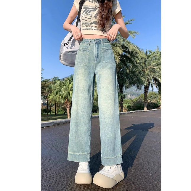 light blue Wide Leg Jeans Women's Fashion All-match New Light Color High Waist Slimming Small Men's Eight-and-Nine Straight Pants
