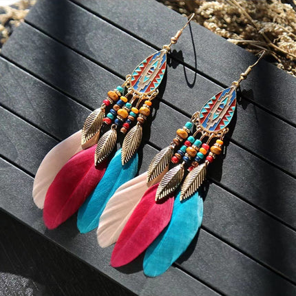 Bohemian Turquoise Earrings European and American Retro Owl Geometric Dreamcatcher Feather Tassel Earrings Women