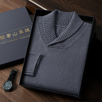 Men's cashmere sweater green collar autumn and winter thickened sweater business casual all-matching men's pure cashmere sweater