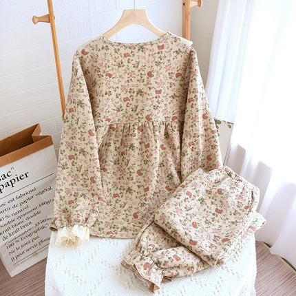 Women's autumn and winter air cotton Quilted round neck vintage floral sweet long sleeve trousers suit