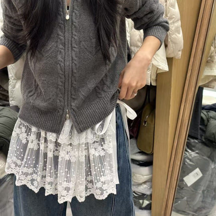 White Mesh Lace Fart Curtain Women's Hem Stacked Wear with Hip Covering Atmosphere Sense Slimming High Waist Lace Skirt