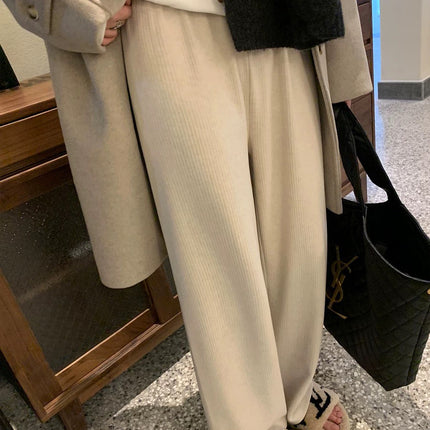 2025 New Korean Style Fine Ribbed Drape Straight-Leg Wide-Leg Pants for Women, Autumn and Winter Casual White Fleece-Lined Knit Pants