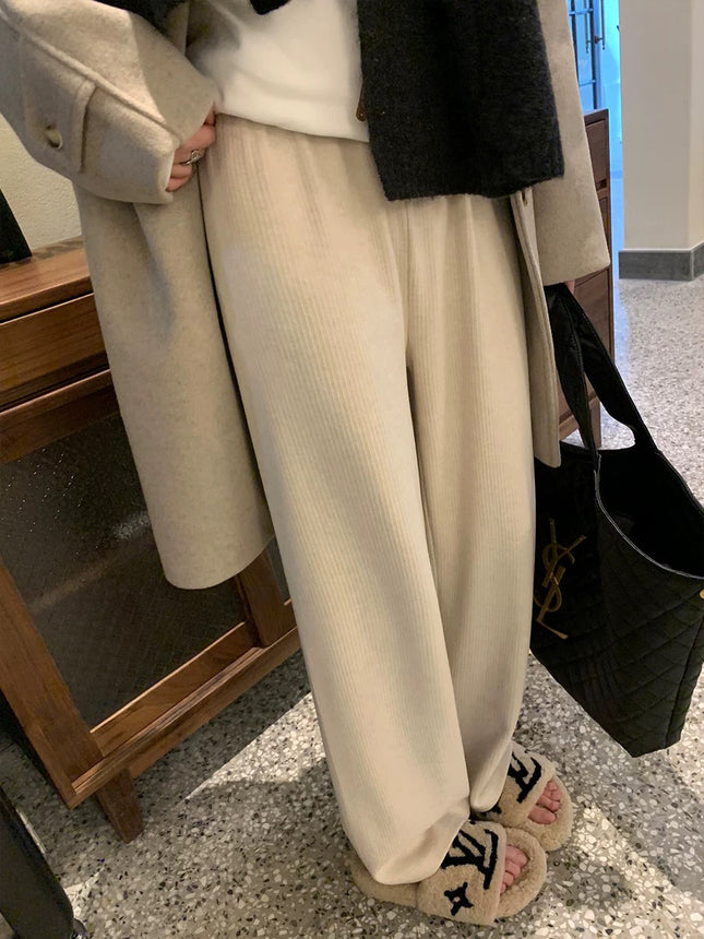 2025 New Korean Style Fine Ribbed Drape Straight-Leg Wide-Leg Pants for Women, Autumn and Winter Casual White Fleece-Lined Knit Pants