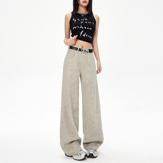 American Tie-Dye Printed Wide-Leg Jeans for Women 2025 Spring and Summer New High-Waisted Loose Versatile Straight-Leg Floor-Length Pants