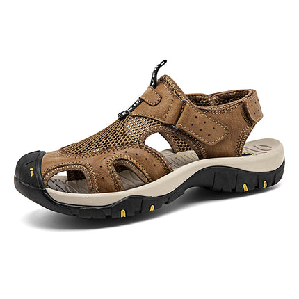 Summer Hole-In-The-Wall Men's Sandals Genuine Leather Thick-Soled Toe-Cap Men's Shoes Non-Slip Hollow Breathable Outdoor Casual Beach Sandals for Men