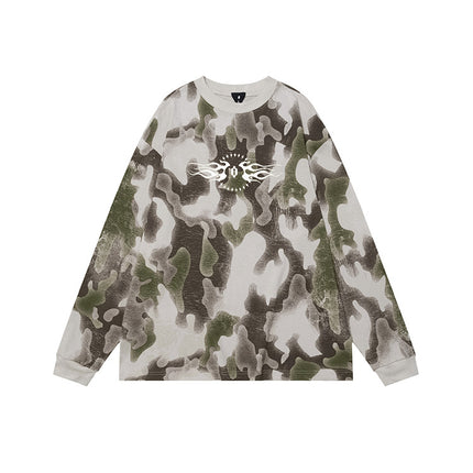 # OVDY Fall/Winter American Retro Fashion Brand Long Sleeve T-shirt Hand-Brushed Silk Screen Printed oversized Crewneck Top