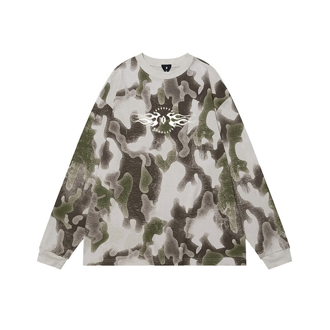 # OVDY Fall/Winter American Retro Fashion Brand Long Sleeve T-shirt Hand-Brushed Silk Screen Printed oversized Crewneck Top