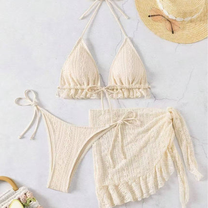 2025 Cross-Border New Sexy Bikini Three-Piece Gauze Skirt Swimsuit Halterneck Pure Color Popular Pure Color Split Swimsuit