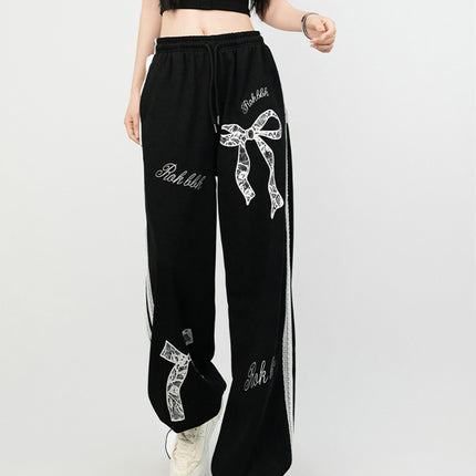 Trendy Jazz Dance Ballet Style Lace Trim Casual Pants Elastic Waist Sports Straight Slim Versatile Black Long Pants