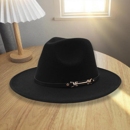 European and American Autumn and Winter Woolen Denim Jazz Felt Hat with Cow Head Label, Large Brim Fedora, Xizang Ethnic Style Outdoor Bucket Hat