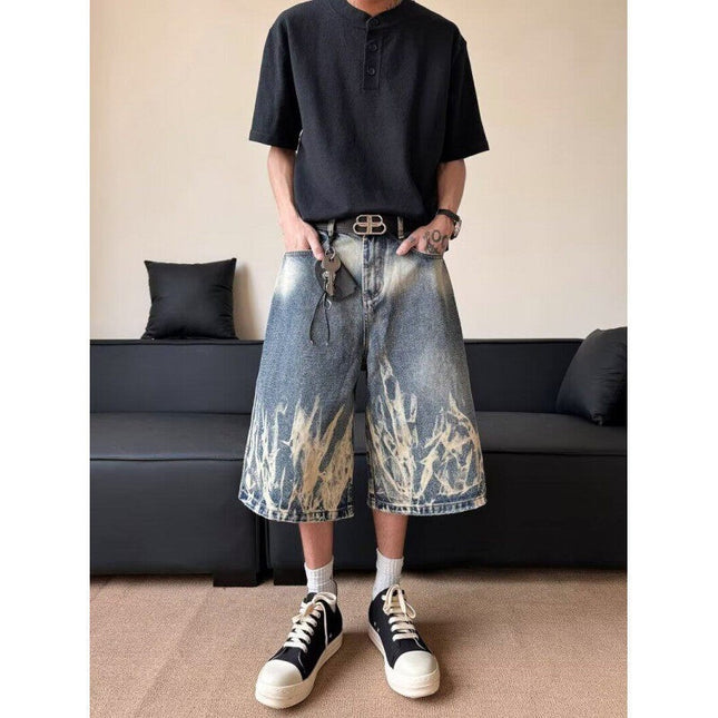 American High Street Lightning Pattern Shorts Men's Trendy Brand Design Handsome Cropped Pants Retro Washed Hip-Hop Style Jeans