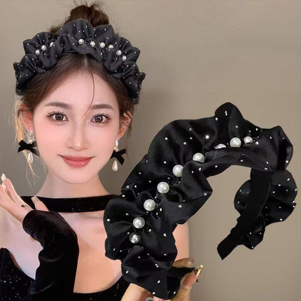 Princess-Style Black Satin Pleated Rhinestone Headband for Women with High Crown, Elegant and Face-Slimming, Starry Pearl Headband
