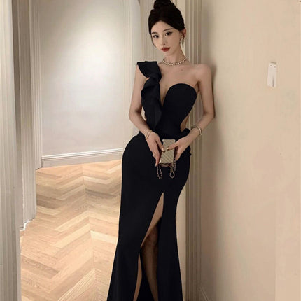 High-end Sexy Ruffle Evening Dress 2025 Elegant One-shoulder Banquet Host Car Model Split Dress