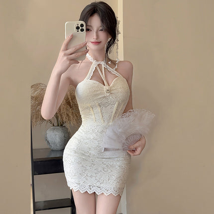 French Style Pure Sexy Neck Shoulder Strap dress 2025 Summer New Lace Crochet Hip Pencil Skirt