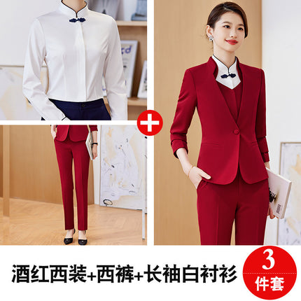 Spring and Autumn 2023 Commuter New wine red Long Sleeve Suit I Also Blouse Pants Skirt Four-Piece Suit