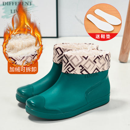 Fashionable women's rain boots low-top rain boots short non-slip fleece-lined water boots warm cover shoes comfortable wear-resistant youth comfortable