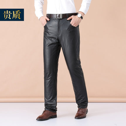 Haining Genuine Leather Pants Men's Top-Layer Cowhide Removable Down Cotton Fleece-Lined Thickened Loose Middle-Aged and Elderly Warm Leather Pants