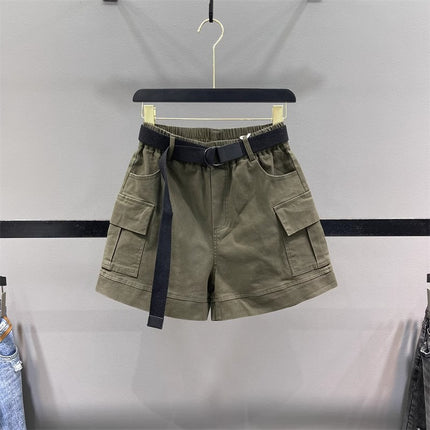 American-Style Military Green Pocket Cargo Denim Shorts for Women, 2025 New Summer High-Waisted Loose A-Line Wide-Leg Hot Pants