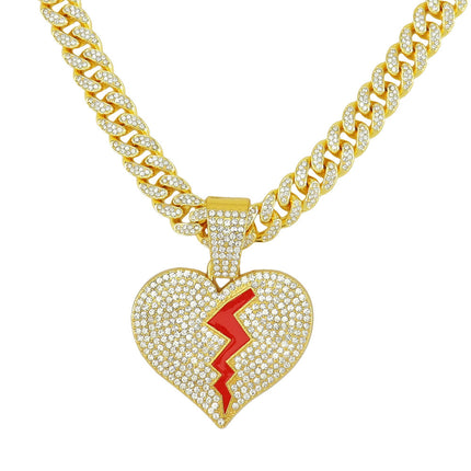 European and American Hip Hop Style Full of Red Oil Broken Heart Pendant Chain Necklace Personality Clavicle Chain Sweatshirt Necklace Chain