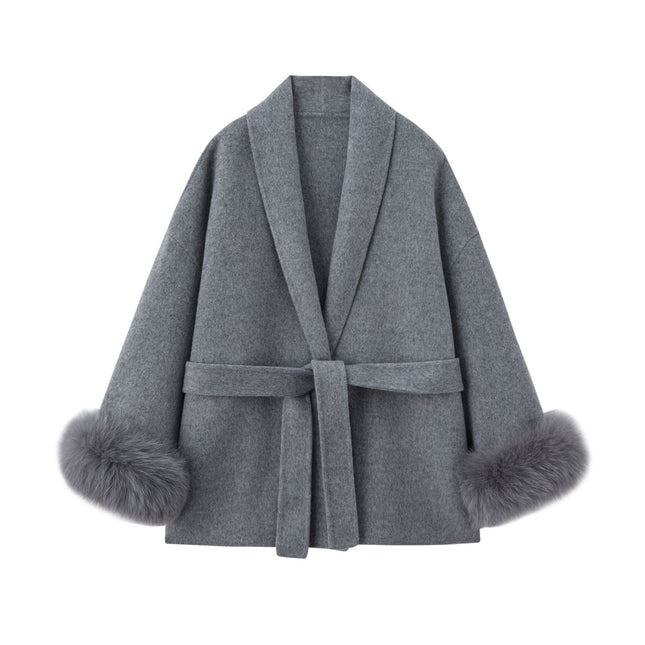 2025 Autumn and Winter Wool Double-Sided Woolen Outwear Woolen Short Fox Fur Petite Outwear Women's Mulberry Silk Jacket