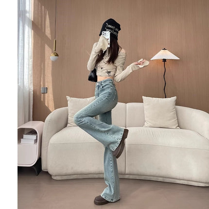 Cold Tea Micro La Jeans Spring Women's 2024 New Women's High Waist Design Light Color Trailing Trumpet Pants