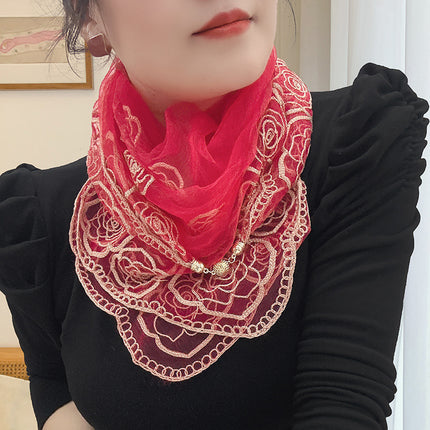 Spring and Summer Transparent Yarn Magnetic Buckle Turban Thin Embroidered Silk Scarf Women's Gift Scarf Mother Air Conditioning Shawl New Style