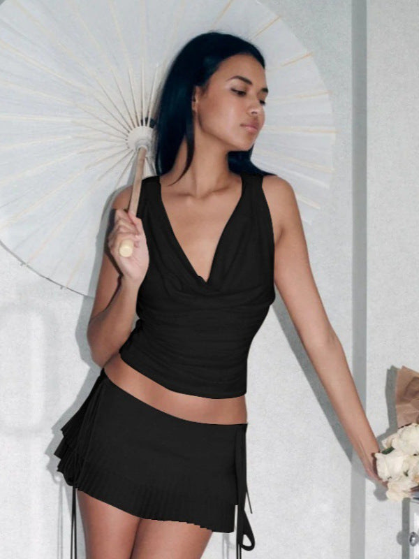Spring 2025 New Personalized Elegant Collar Open Chest Figure Pleated Back Hollow Short Vest Top