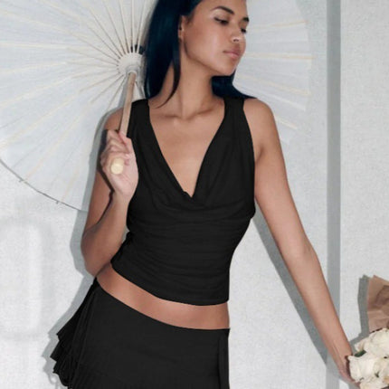 Spring 2025 New Personalized Elegant Collar Open Chest Figure Pleated Back Hollow Short Vest Top