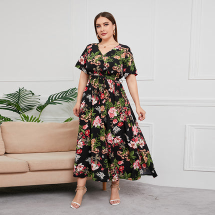 2025 Cross-border New French Elegant Elegant plus size dress Line-drawing Floral V-neck Short-sleeved Waisted Long Dress