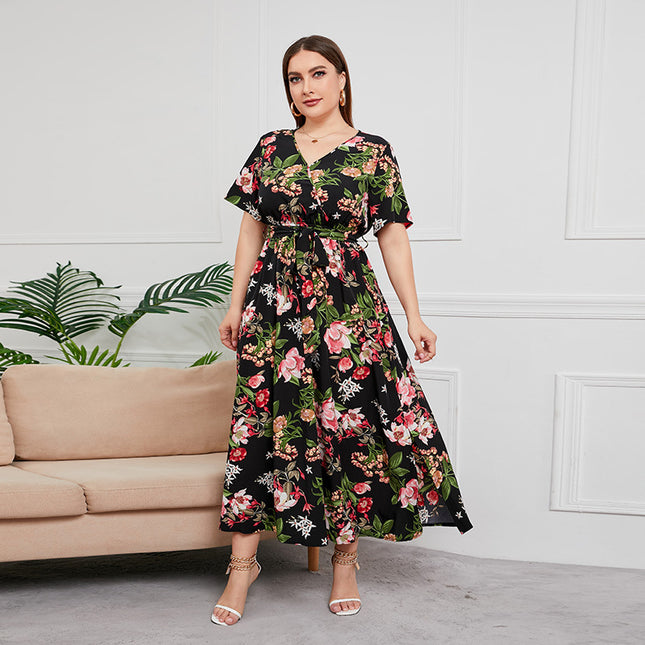 2025 Cross-border New French Elegant Elegant plus size dress Line-drawing Floral V-neck Short-sleeved Waisted Long Dress