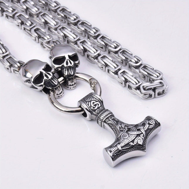 Hot Selling Retro Hammer Skull Necklace Stainless Steel Chain Viking Nordic Gothic Jewelry Wholesale