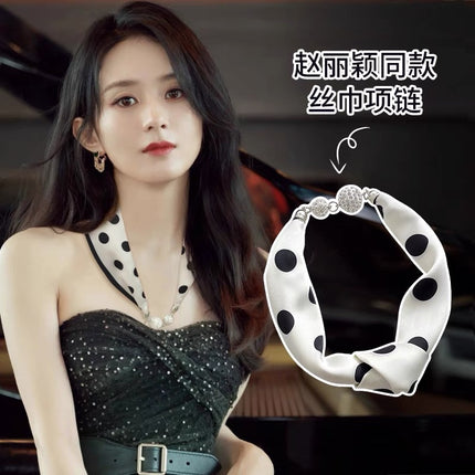 2026 New Magnetic Buckle Small Silk Scarf with Geometric Patterns and Rhinestones, Magnetic Necklace Scarf, Women's Hairband Scarf